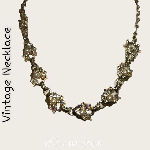 Vintage Silver Tone Necklace with Aurora Borealis and Faux Pearl Accents - Picture 4 of 10